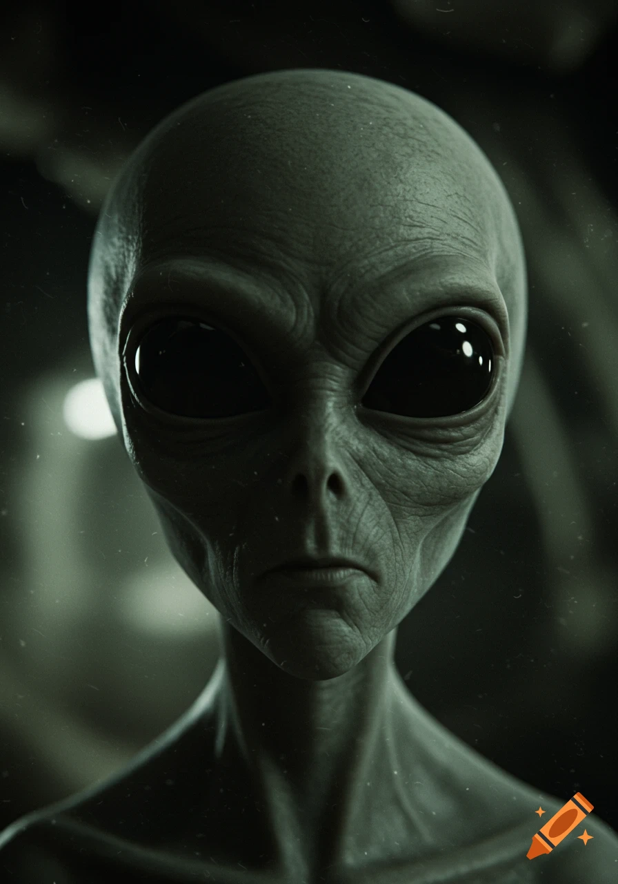 Close-up photorealistic portrait of an alien face with large dark eyes