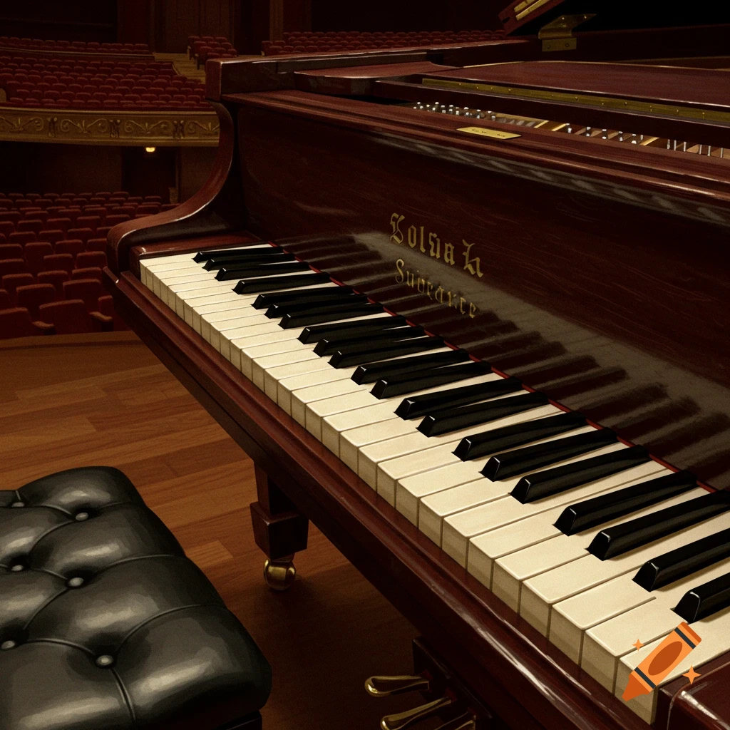 A grand piano sits on a stage in a concert hall.