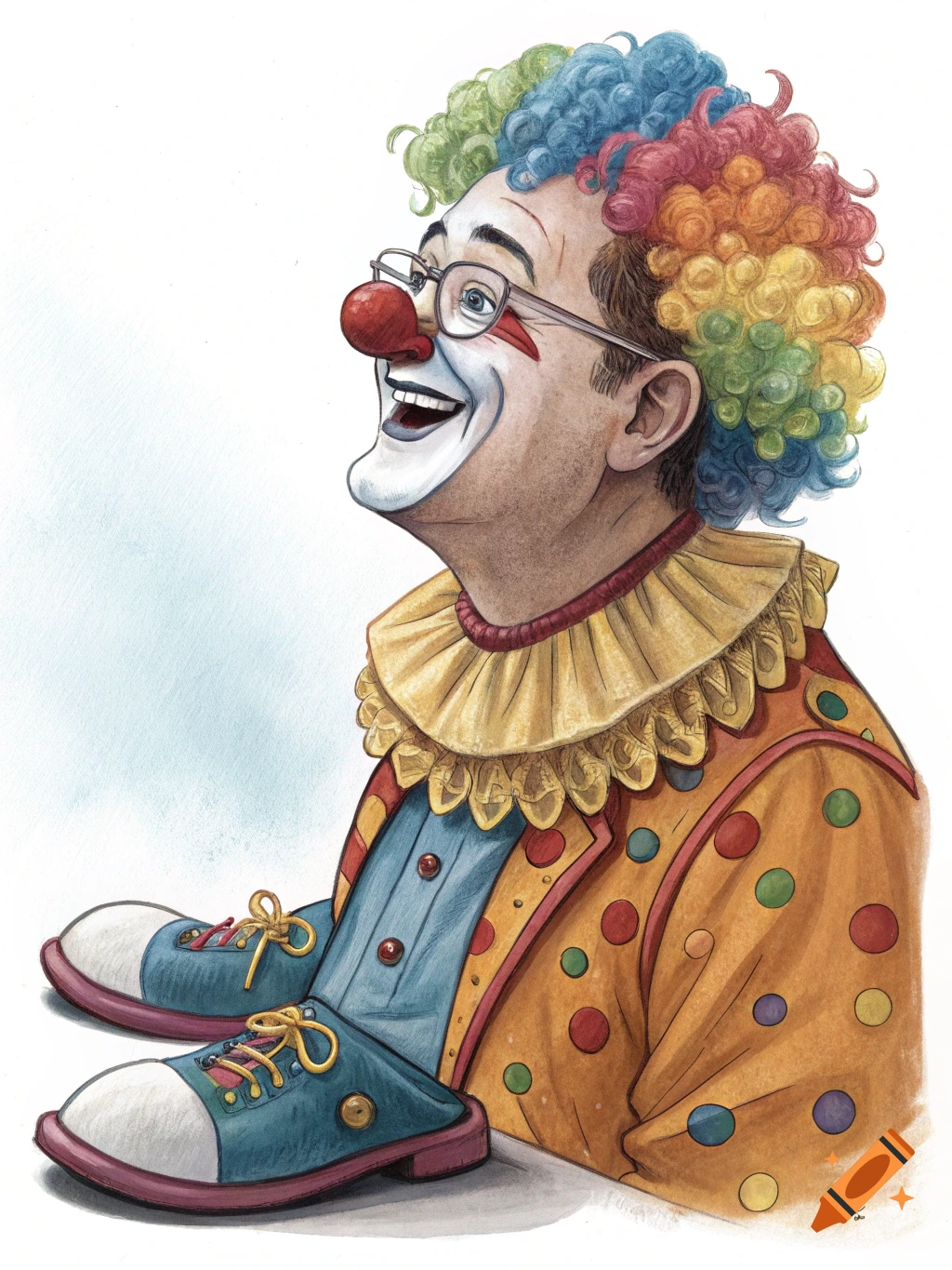 Illustration of a person dressed as a clown with a rainbow wig, red nose, and oversized shoes.