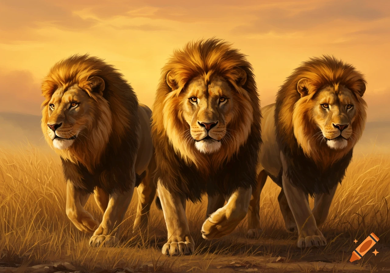 Three lions charge through tall grass in a savanna at sunset.