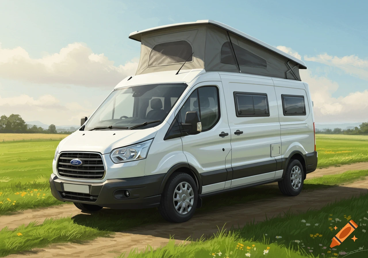 A white Ford Transit campervan parked on a dirt road in a grassy field.