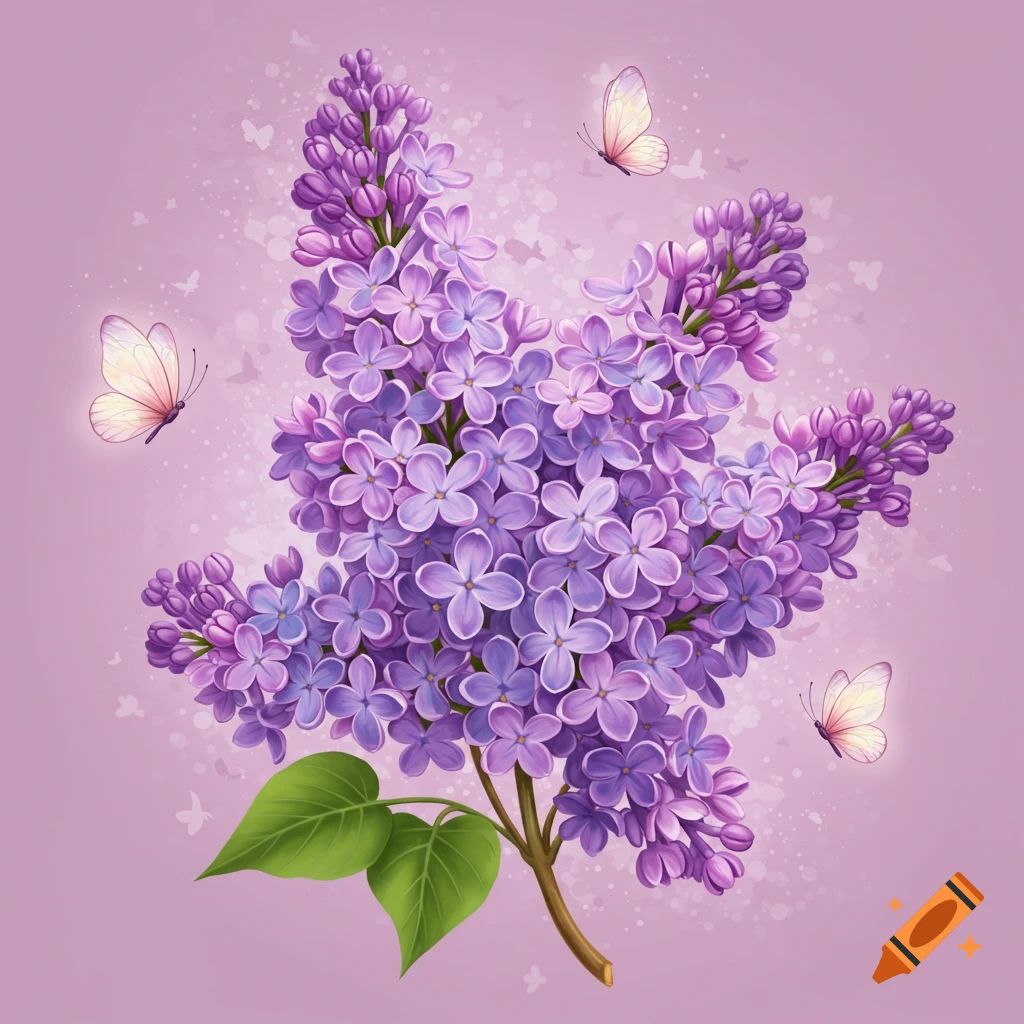 Purple lilac flowers with butterflies on a pink background.