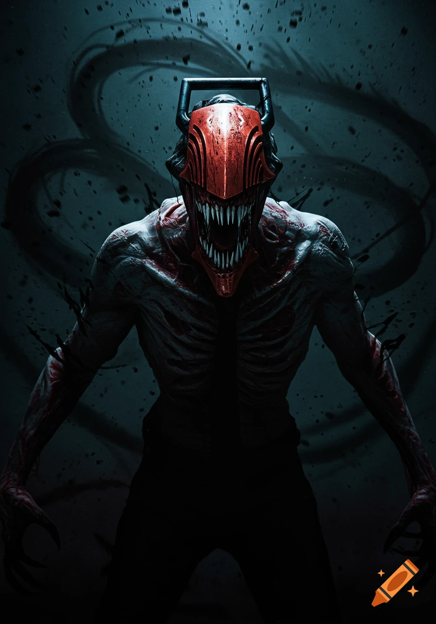 A monstrous figure with a chainsaw helmet and sharp teeth stands in a dark environment.