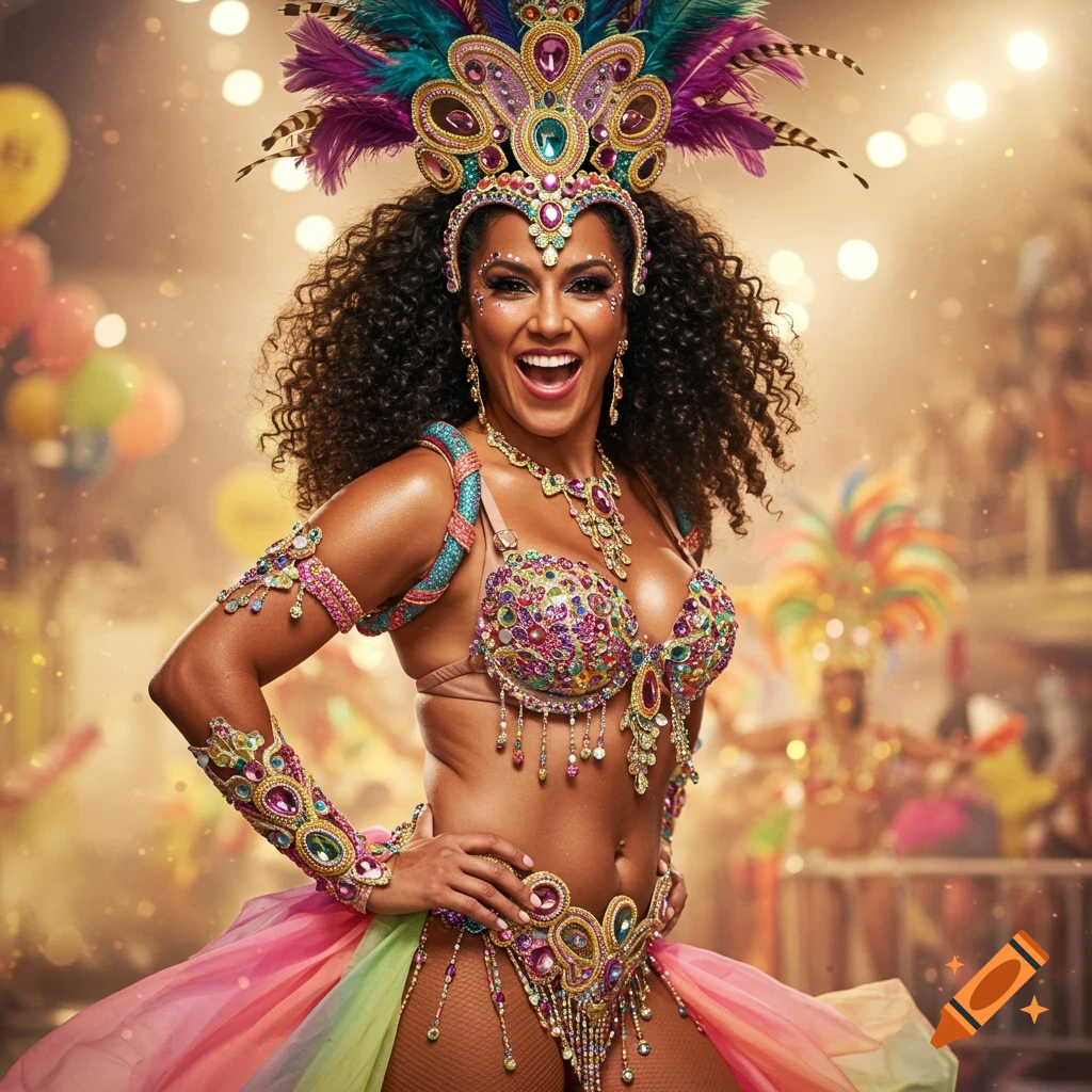 A woman in a vibrant, bejeweled Carnival costume smiles and poses during a celebration.
