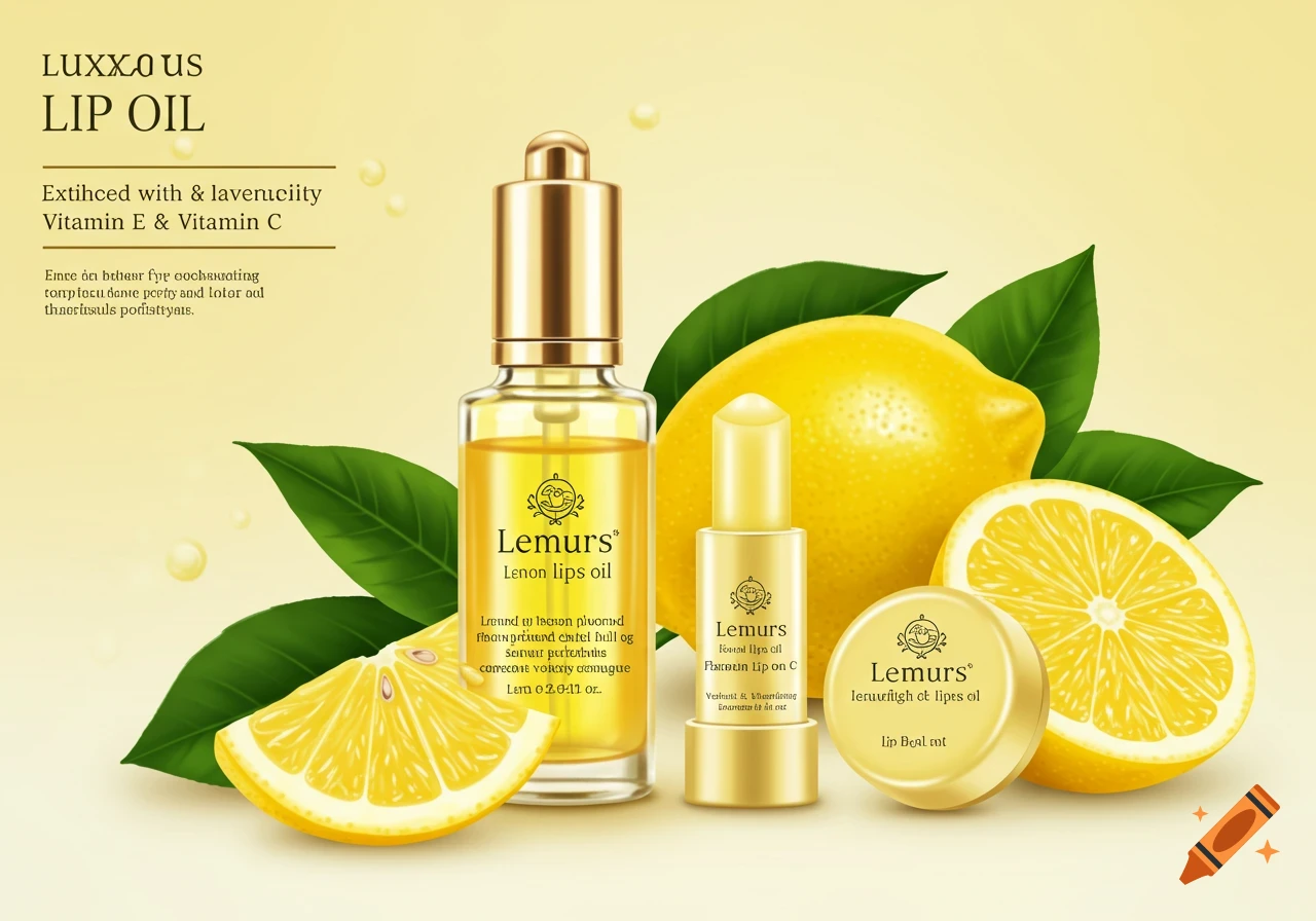 Advertisement illustration of lip oil and balm bottles with lemons and leaves.