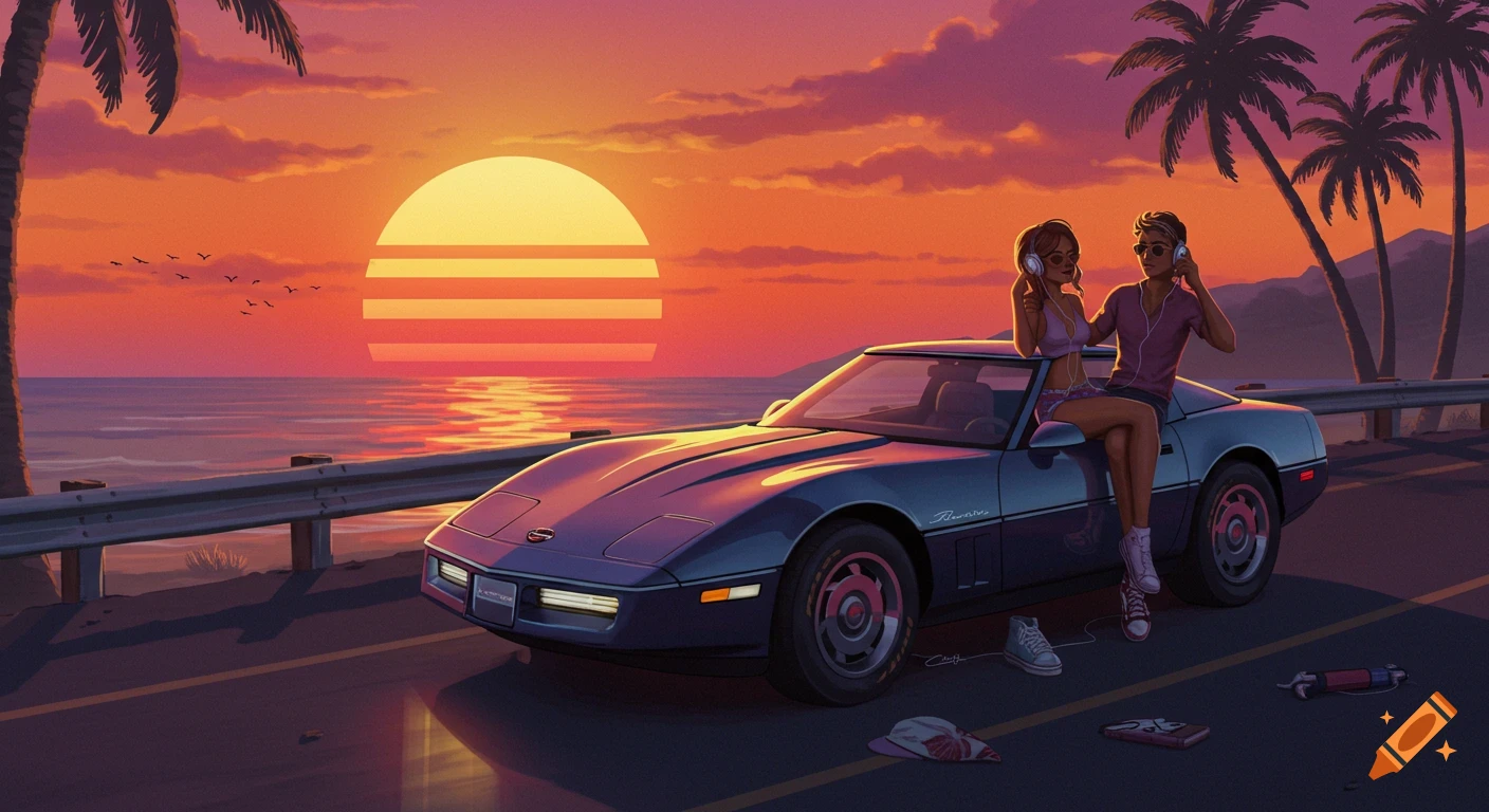 A couple is on a sports car at sunset by the beach with palm trees.