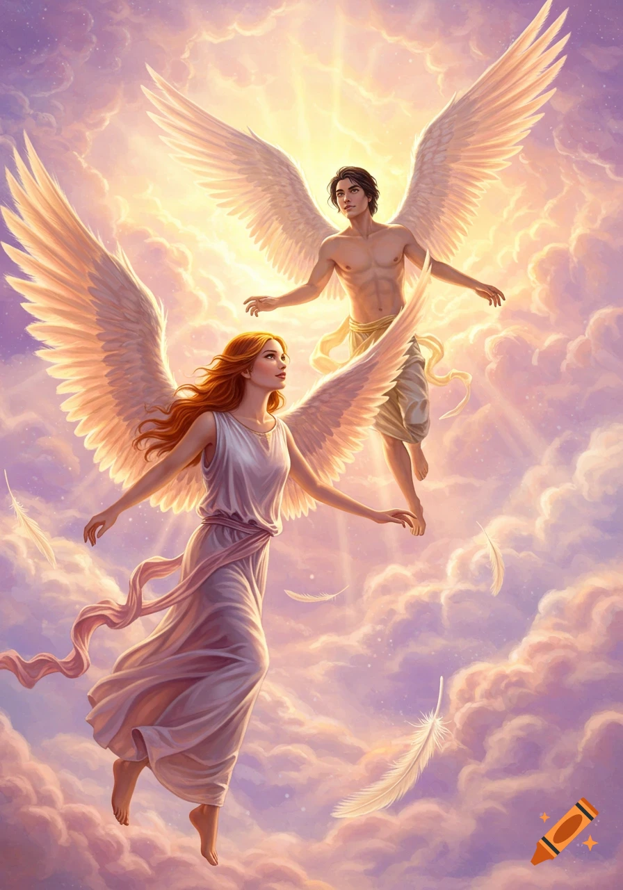 Two angels flying through sunlit clouds