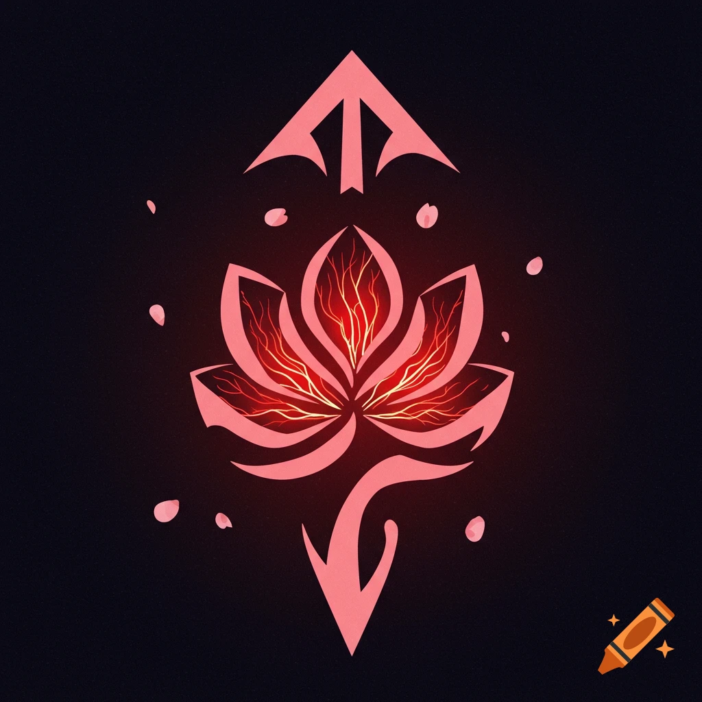 Stylized esoteric symbol of a glowing pink and red lotus with arrow shapes, on a dark background.