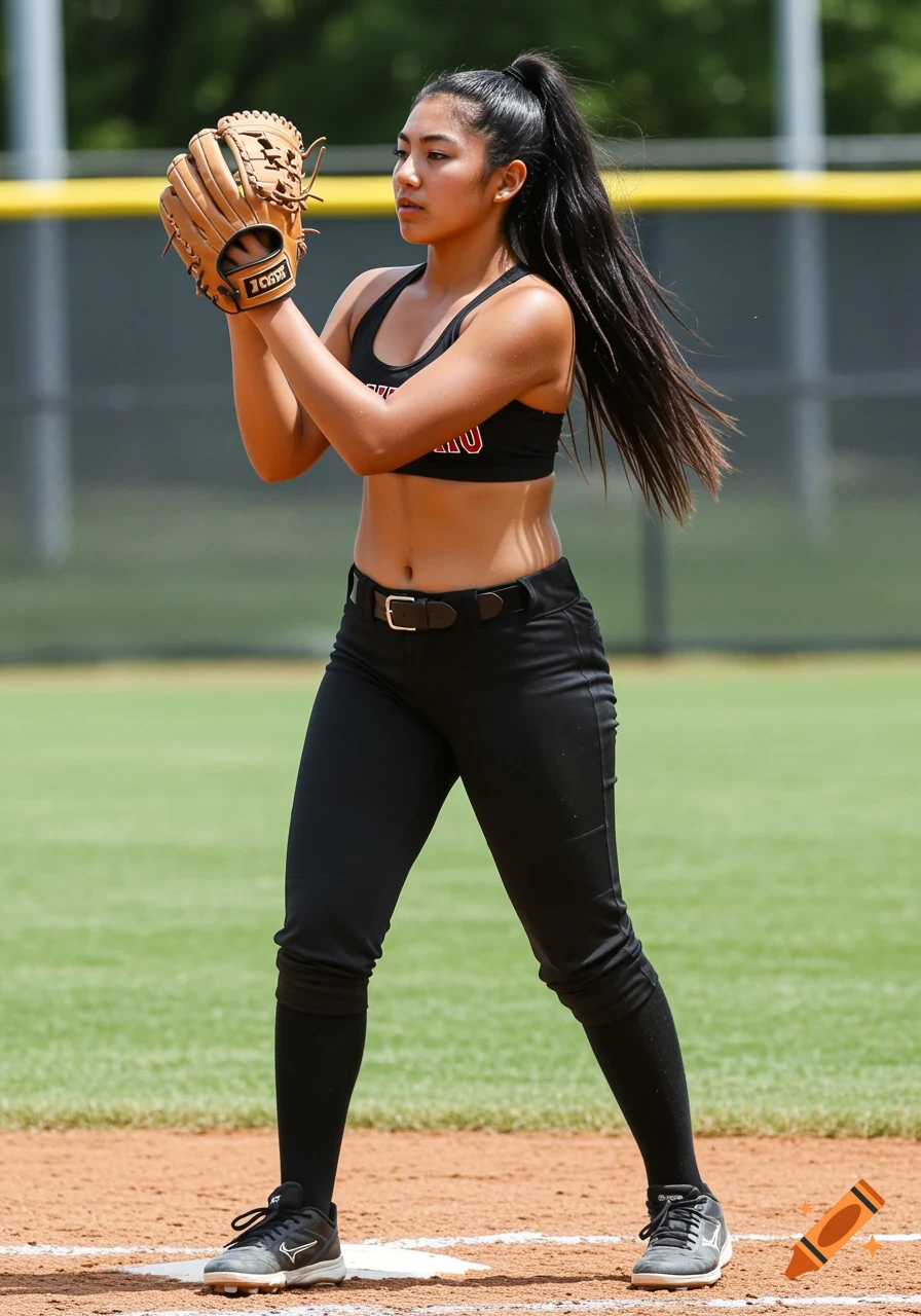 Photorealistic image of a young Latina softball player on a field, holding her glove.
