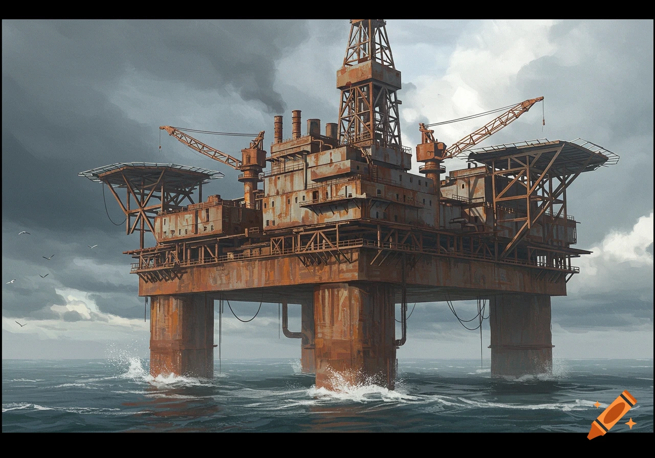 A large, rusty oil rig is battered by a stormy sea.