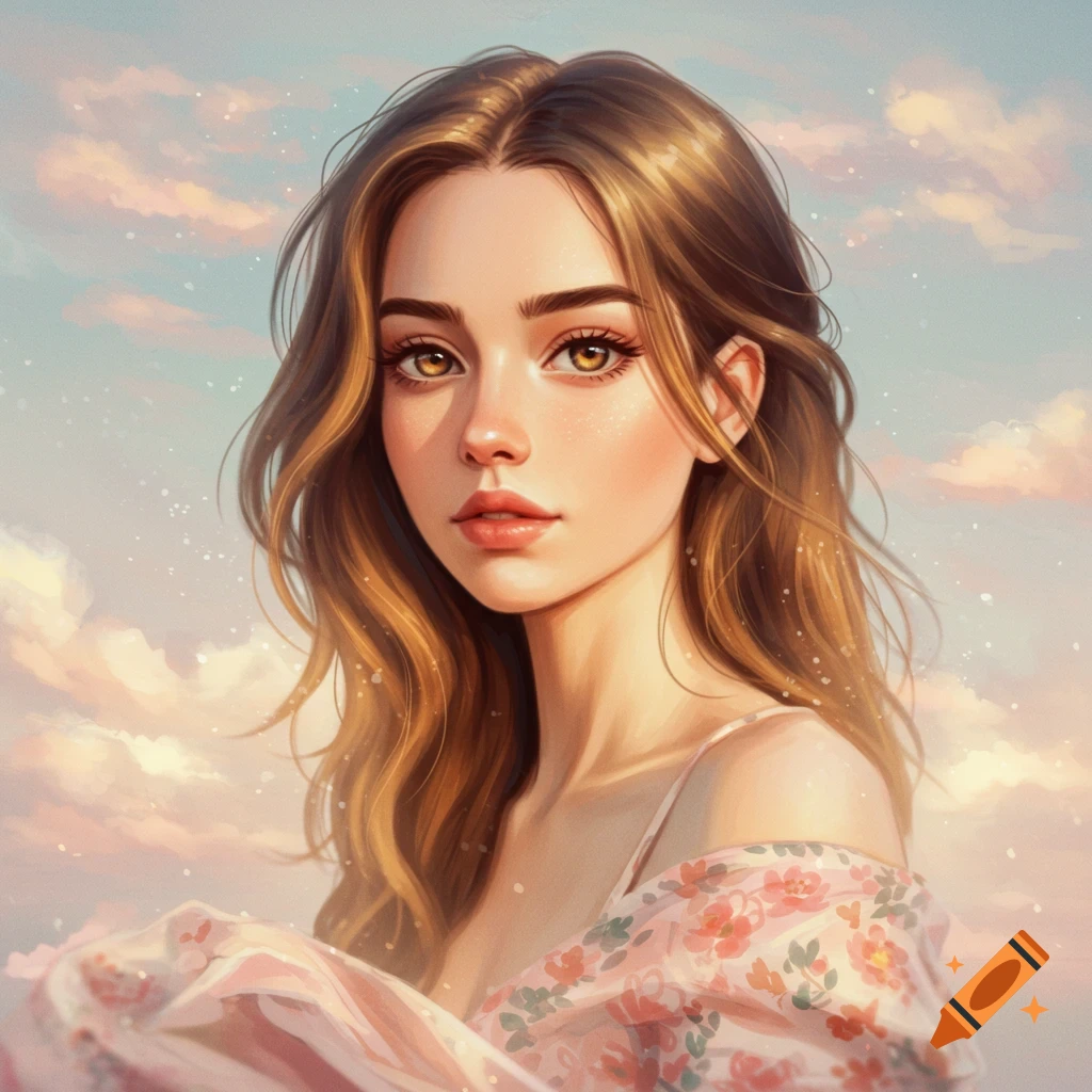 A young woman with long golden hair and striking eyes is positioned against a cloudy sky.
