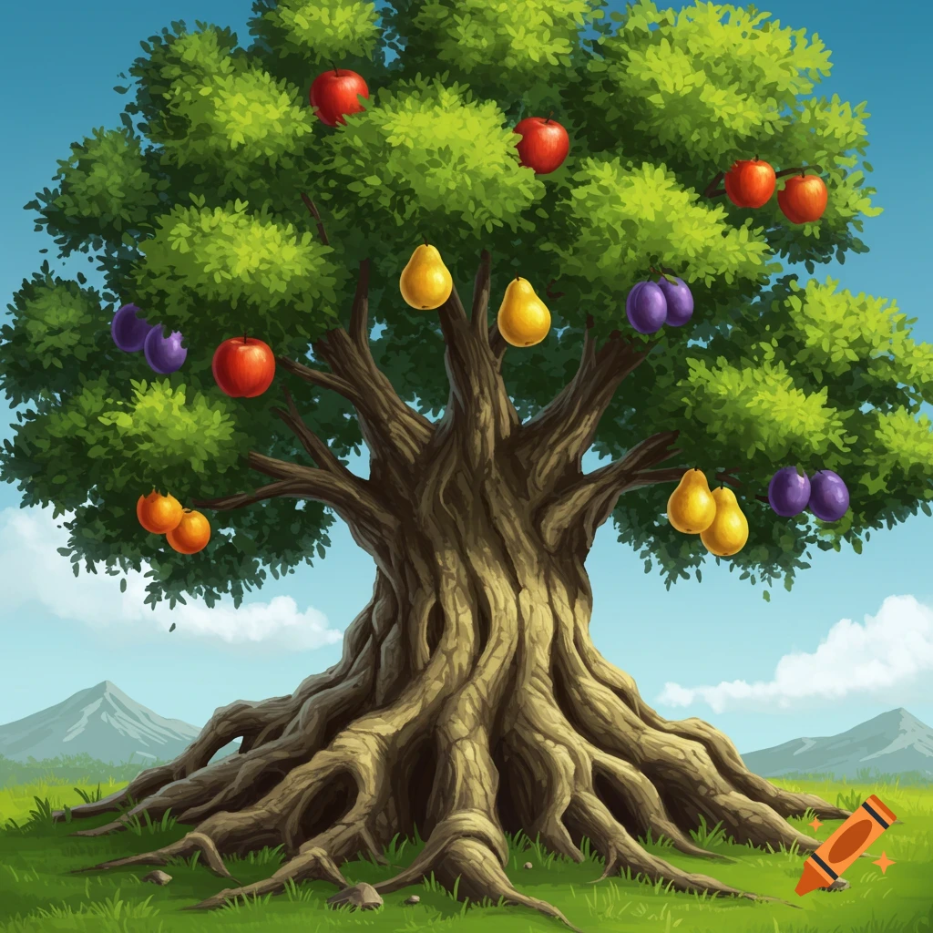 A large tree with various fruits in a landscape.
