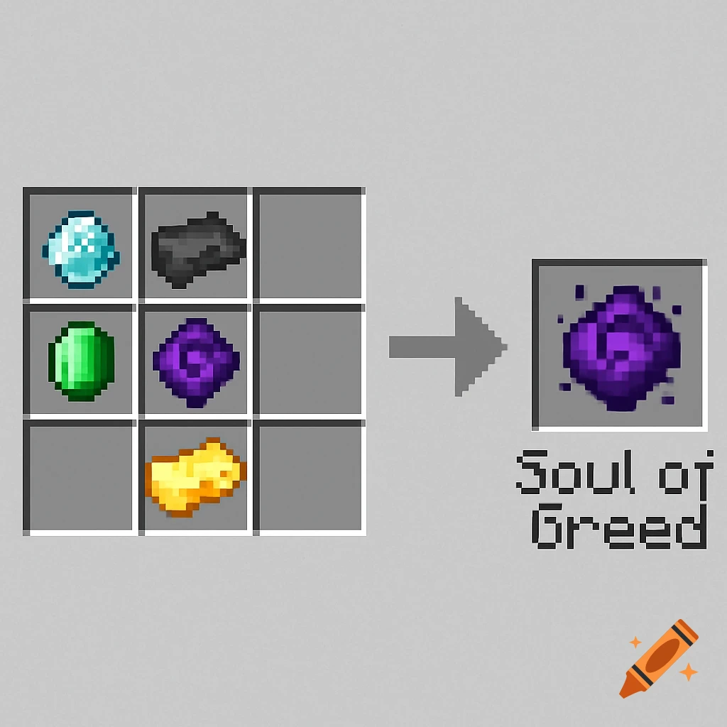 A pixelated Minecraft crafting recipe showing diamond, netherite, emerald, and gold crafting into a purple item labeled Soul of Greed.