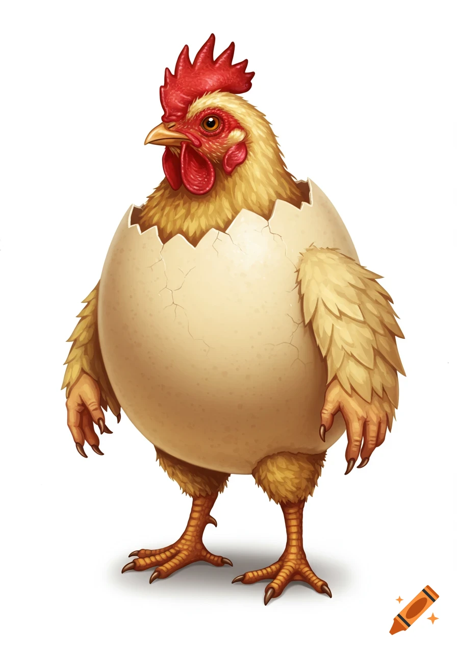 A chicken with a cracked egg for a body, human arms, and chicken legs with human feet.