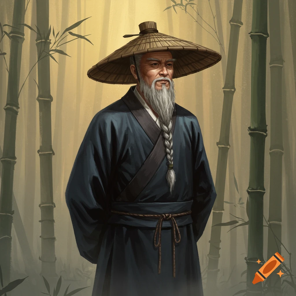 An ancient Chinese man in a straw hat and dark robe, standing among bamboo.