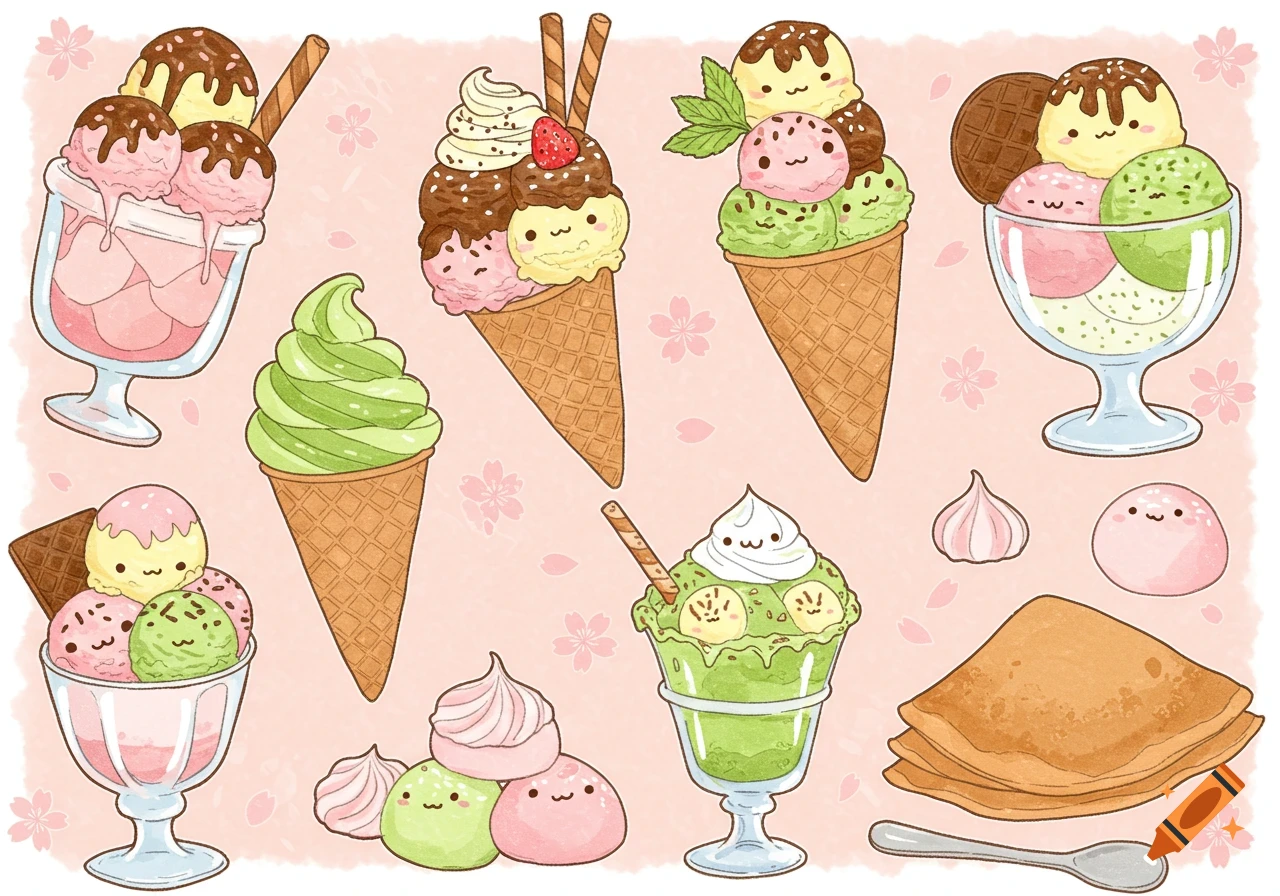 Illustrative drawing of cute cartoon ice cream cones, sundaes, mochi, and pancakes with cherry blossoms.