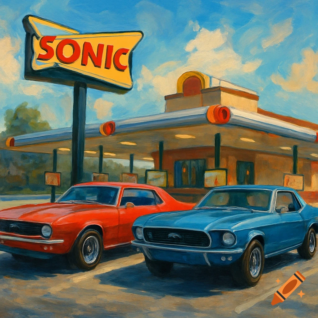 A red and a blue classic car parked in front of a Sonic drive-in with a sign.