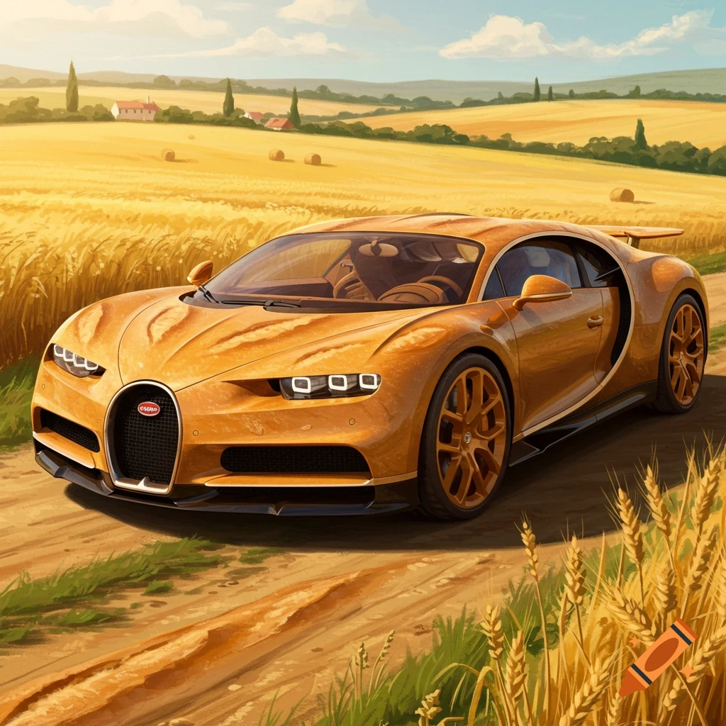 An orange Bugatti car with a bread texture in a wheat field.