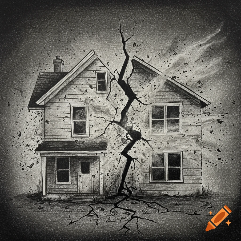 A pencil drawing of a house splitting in half with dust and debris flying out.