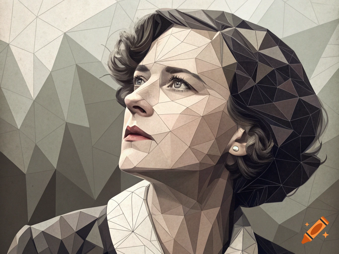 Cubist portrait of a woman looking up
