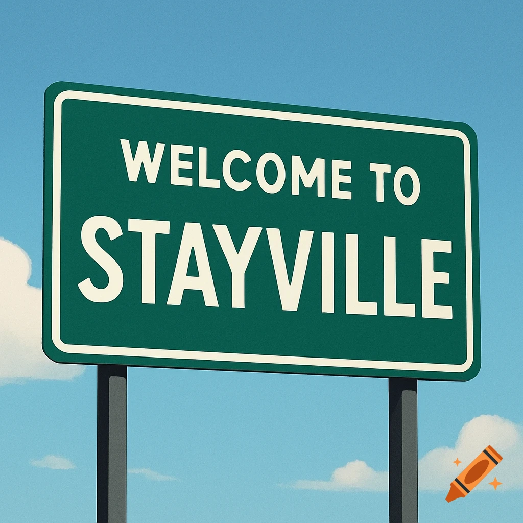 A green road sign reads "Welcome to Stayville" against a blue sky with clouds.