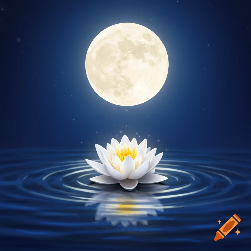 A white lotus flower floats on water under a full moon.