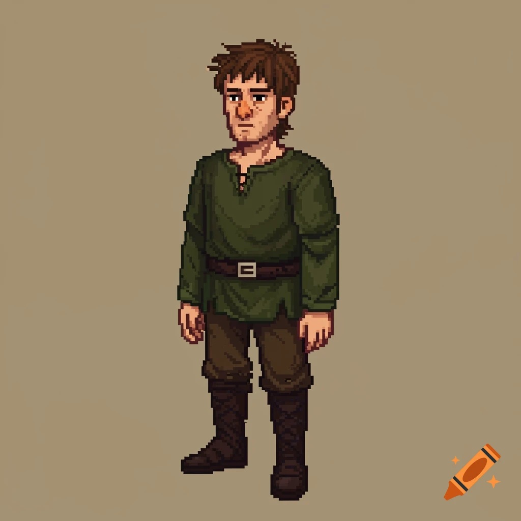 Pixel art of a man in a green tunic and boots.