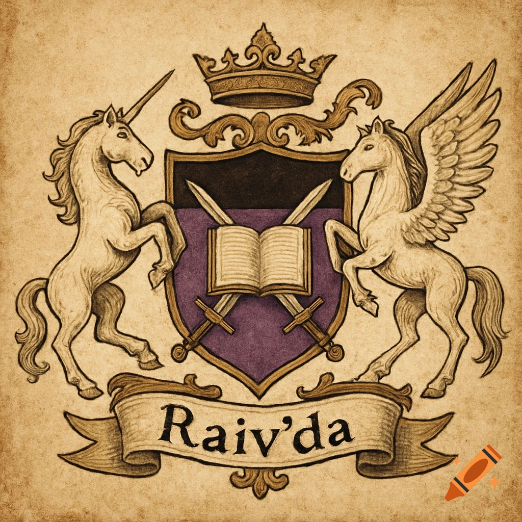 An old-looking royal crest illustration with a purple shield, crossed swords, open book, crown, rearing unicorn, rearing Pegasus, and a banner reading "Raiv'da" on a textured background.