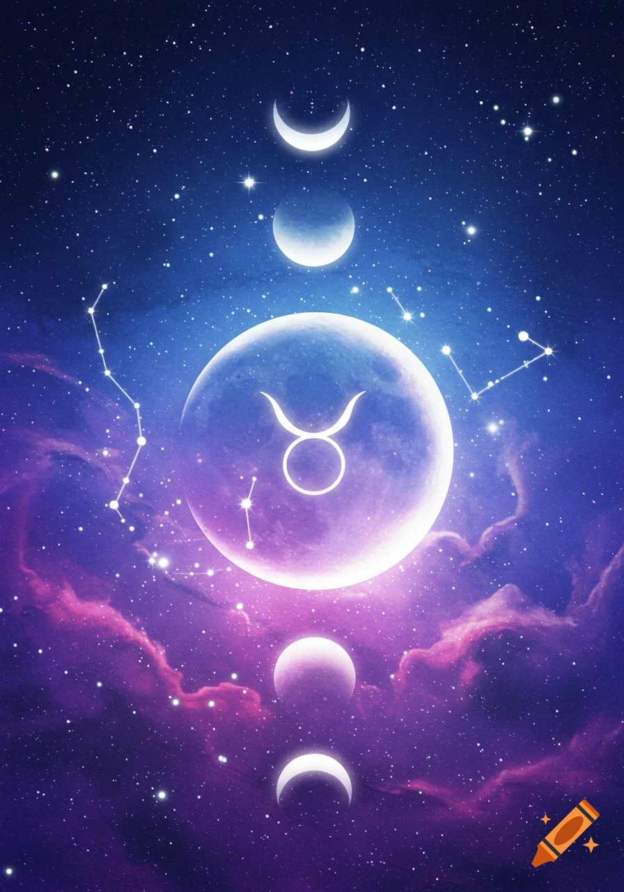 Mystical image of moon phases and the Taurus astrological symbol in a starry sky with purple clouds.