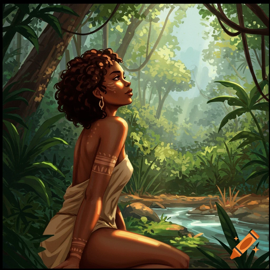 A woman stands in a forest, her face turned upwards towards the sunlight filtering through the trees.