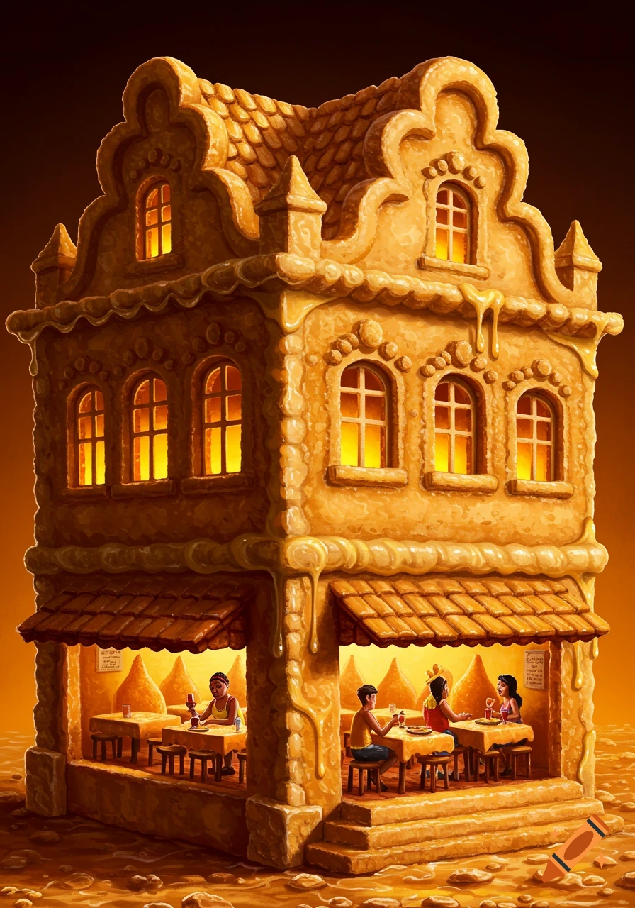 A restaurant building made of Coxinha pastry, with people eating inside.
