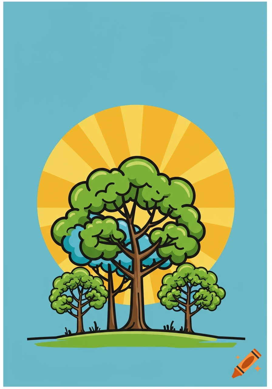 Vector illustration of trees with a bright sun in the background.