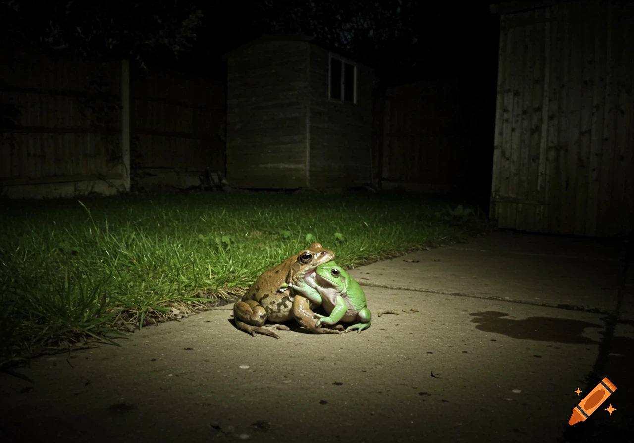 Two frogs are piled on top of each other in a dark yard at night.
