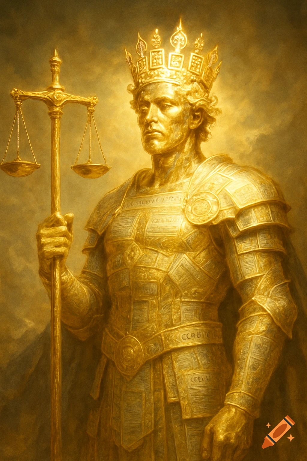 A golden statue-like figure in ornate armor and crown holds a balance scale.