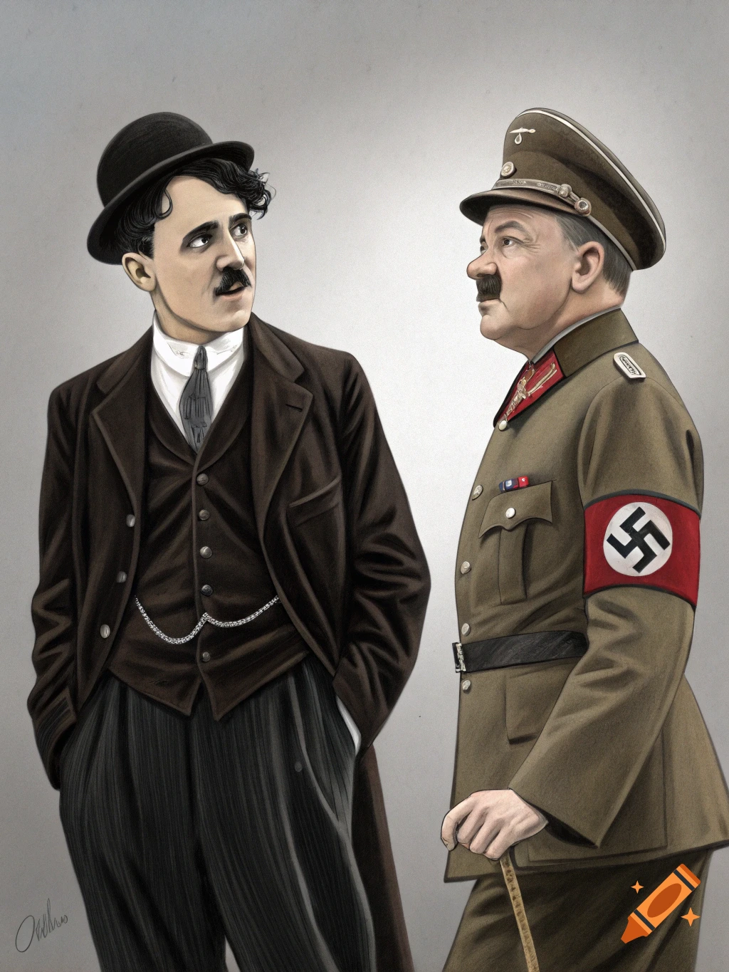 Illustration of Charlie Chaplin in costume standing next to Adolf Hitler in uniform.