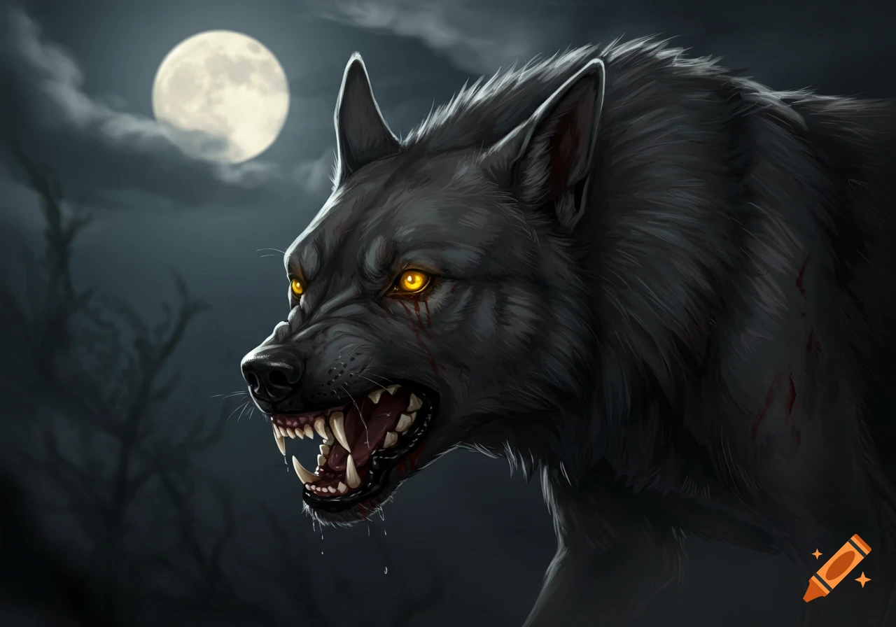 A snarling dark creature with glowing eyes and blood stands against a full moon.