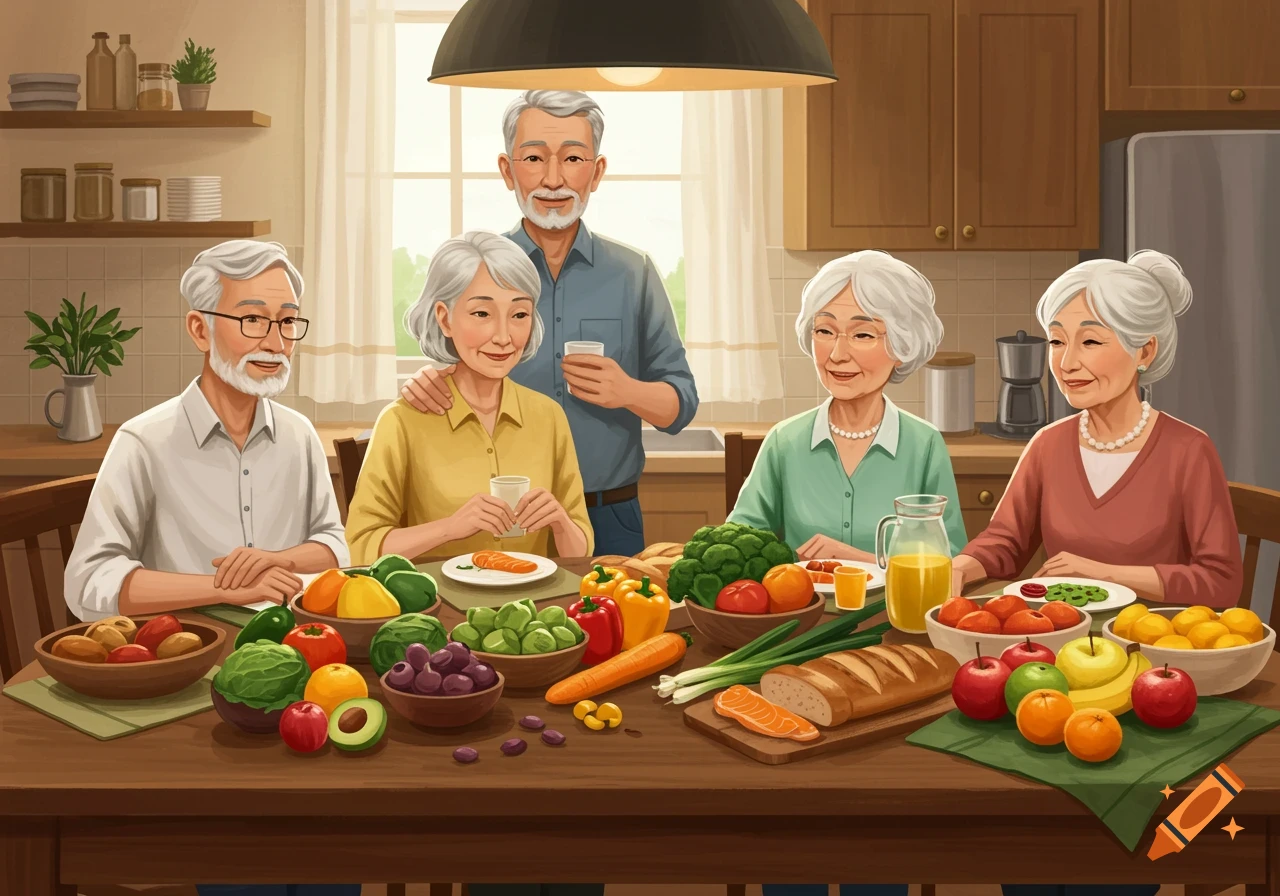 An older family enjoying a healthy meal together at a kitchen table filled with fruits and vegetables.