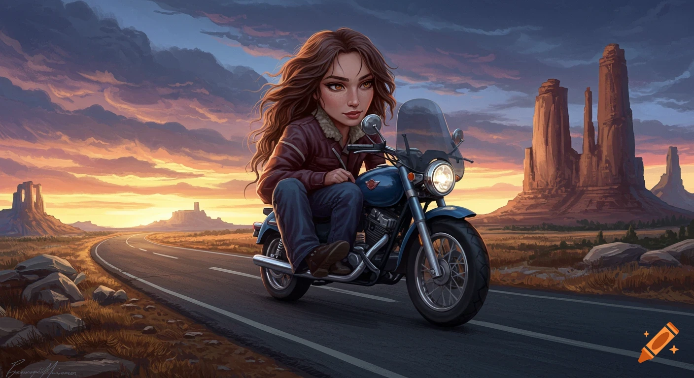 A woman on a motorcycle is riding through a desert landscape at sunset.