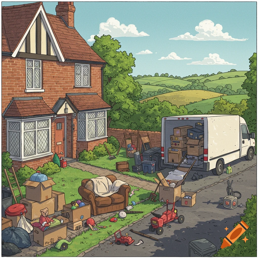 An illustration of a house clearance with a moving truck being loaded with furniture and boxes.