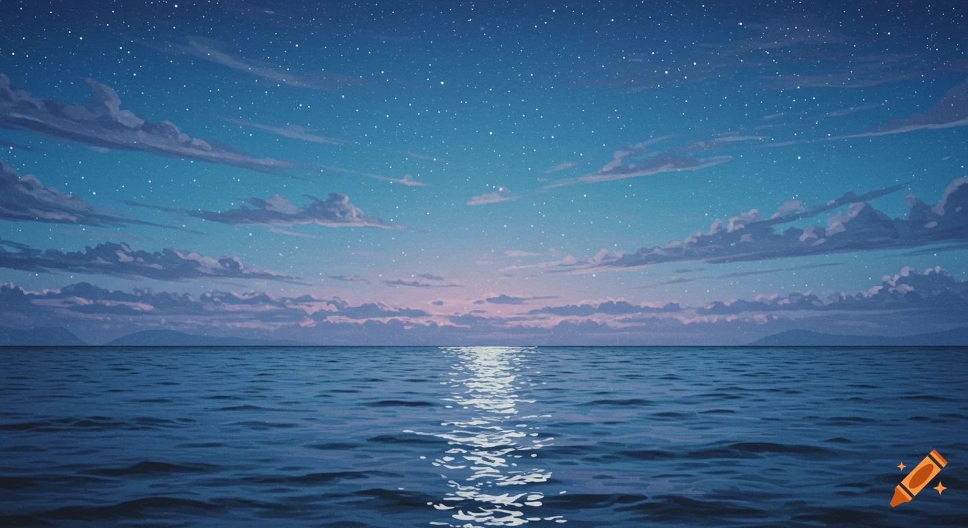 A starry night sky over a tranquil ocean with moonlight reflecting on the waves. It has a lo-fi feel.