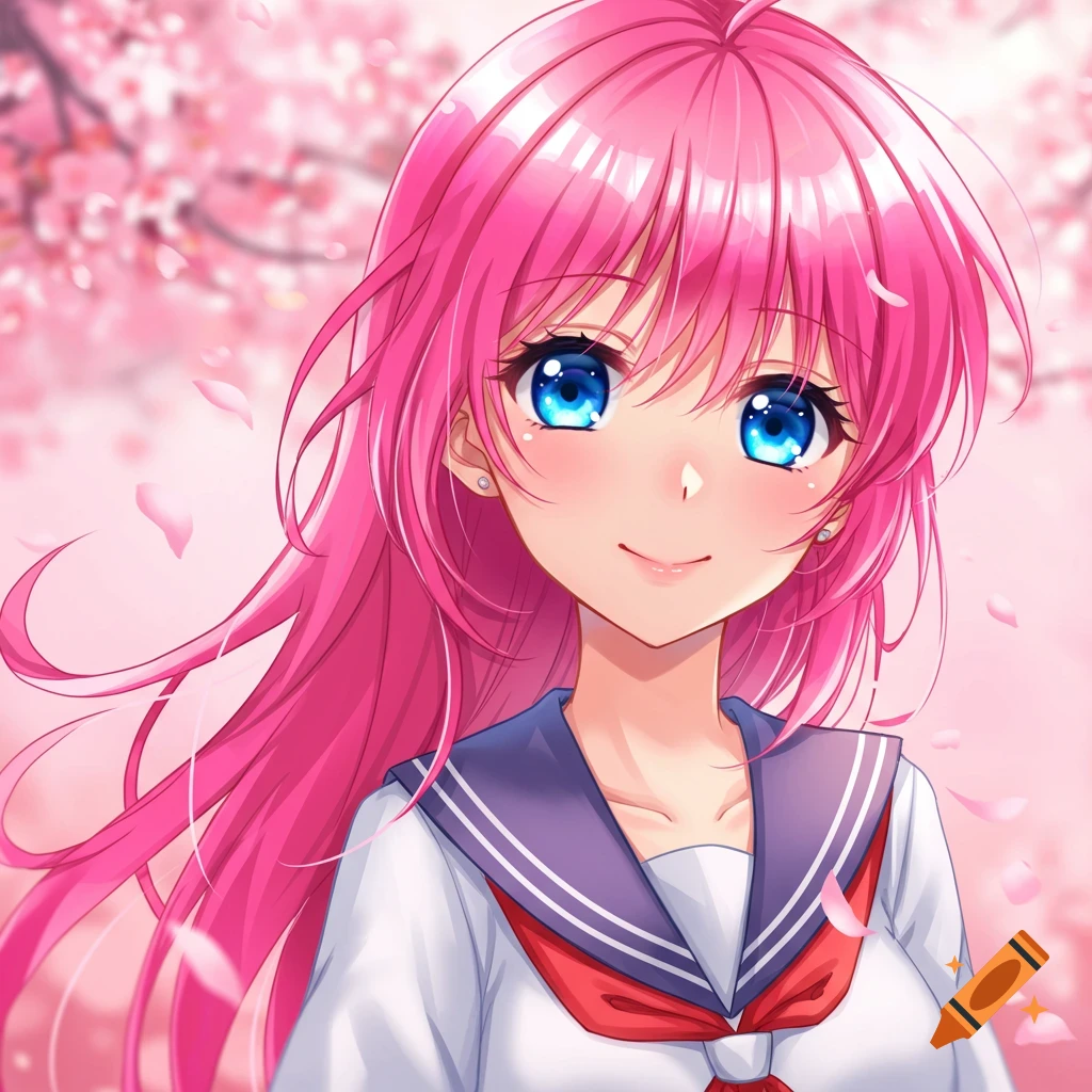 Anime girl with pink hair, blue eyes, school uniform, cherry blossoms