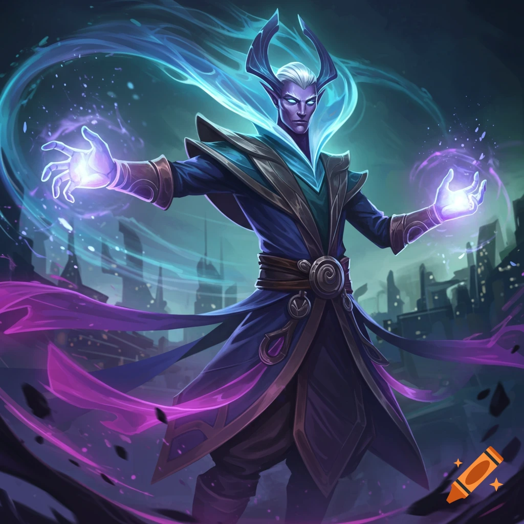 A fantasy character with blue skin and horns casting purple magic.