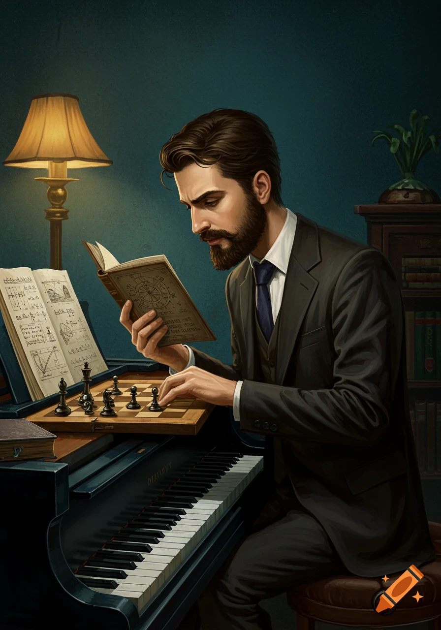 A man in a suit reads a book while seated at a piano with a chessboard on it.