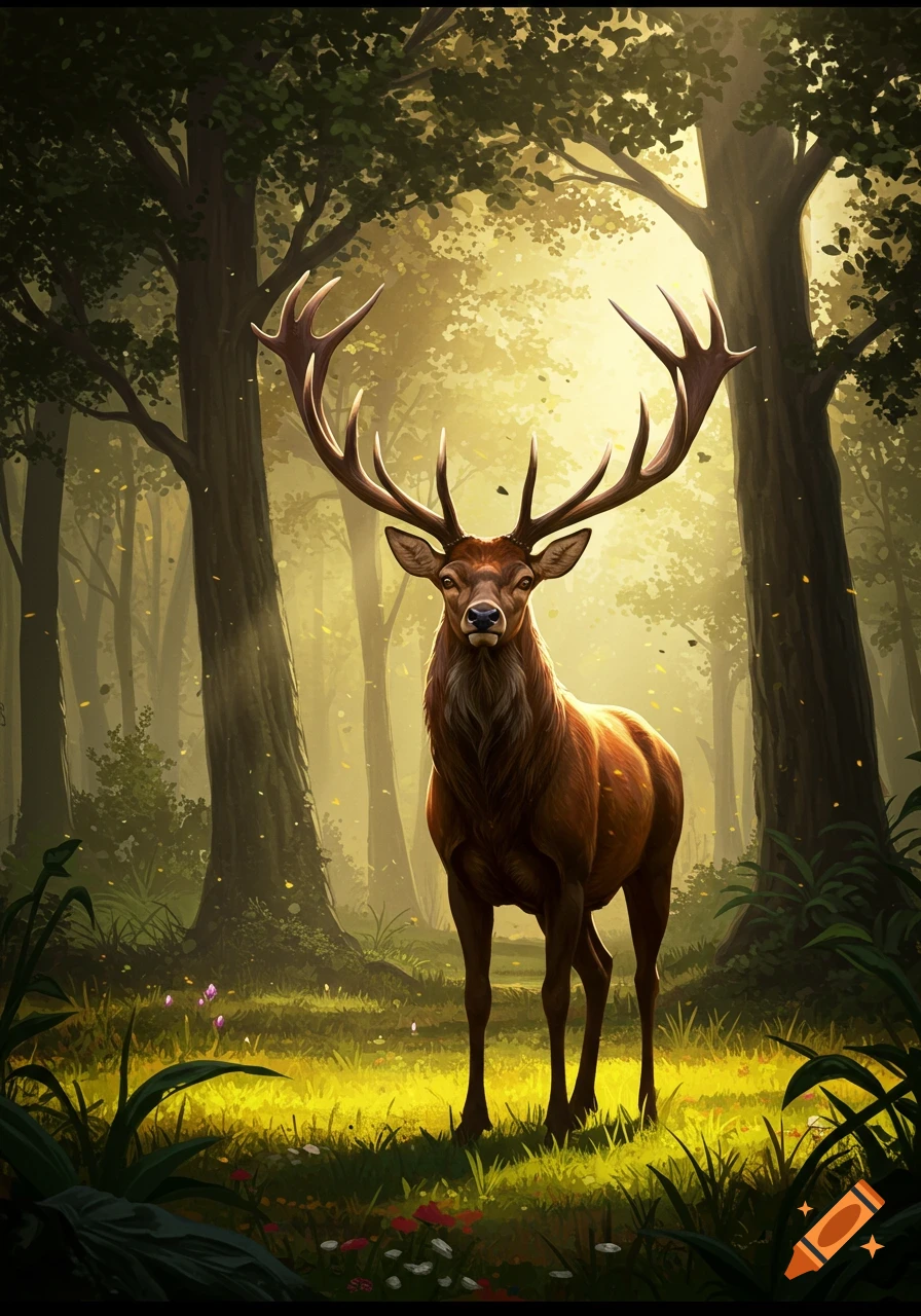 A large deer with antlers standing in a sunlit forest.