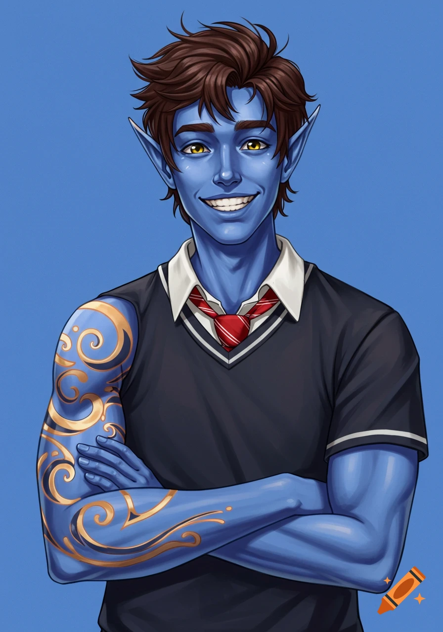Blue-skinned fantasy character with pointed ears, brown hair, and yellow eyes, wearing a school uniform and a gold swirl tattoo on his arm, smiling with arms crossed against a blue background.
