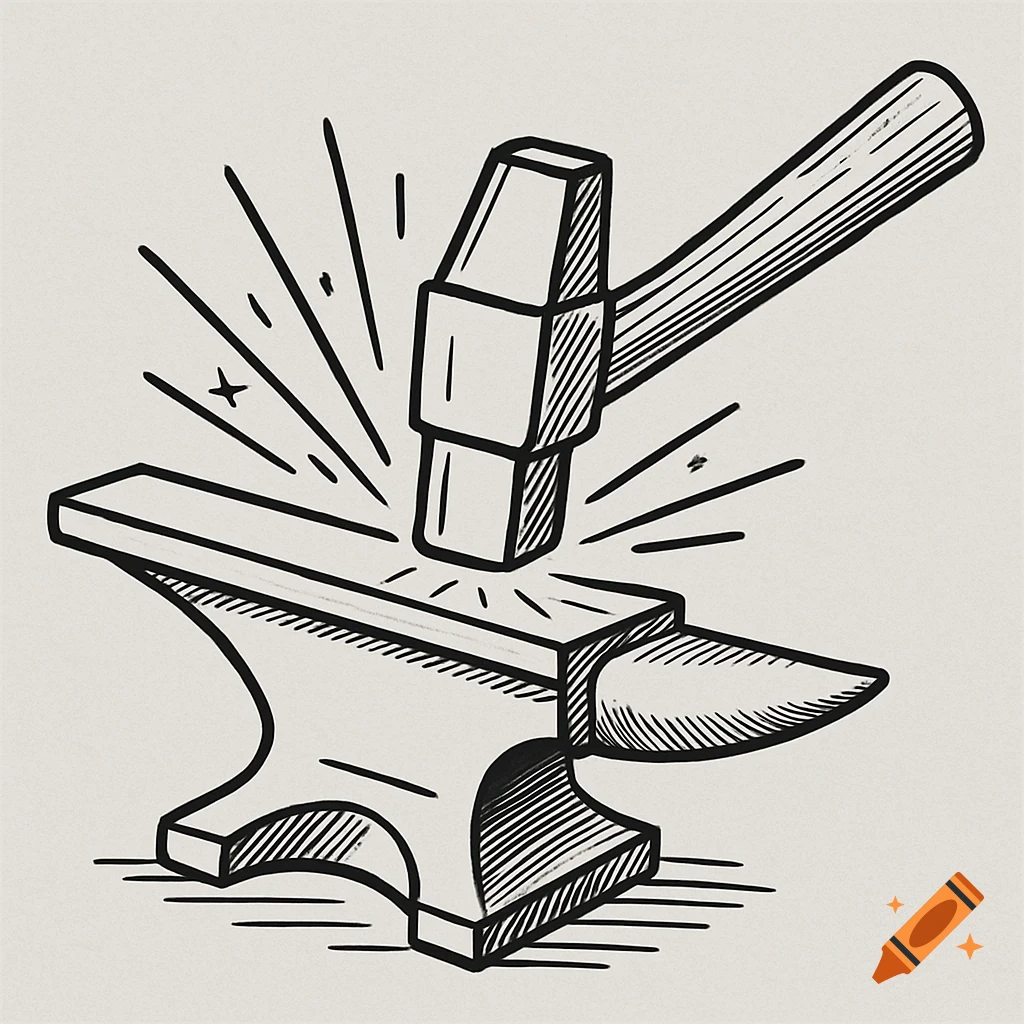 Black and white line drawing of a hammer striking an anvil with sparks