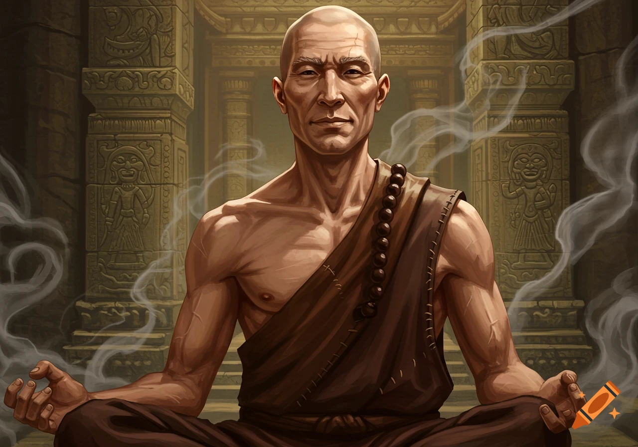 A bald monk meditating in a temple.