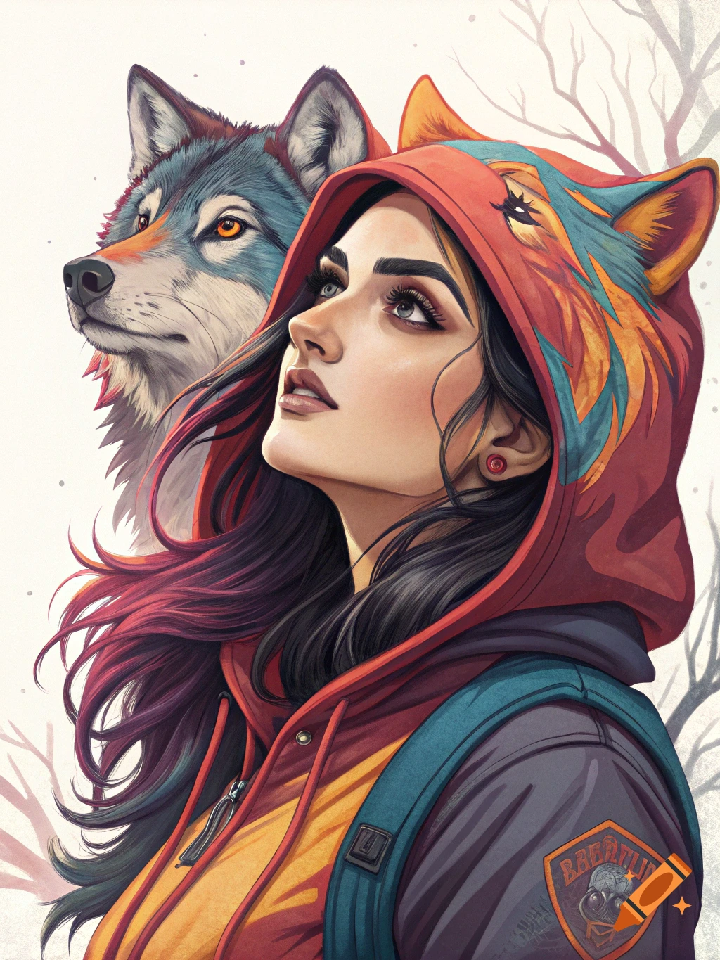 Digital art illustration of a woman in a wolf-eared hoodie with a wolf beside her