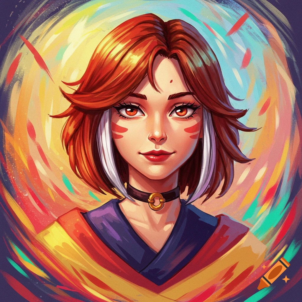 Portrait of a character with red hair and face markings against a colorful, abstract background.