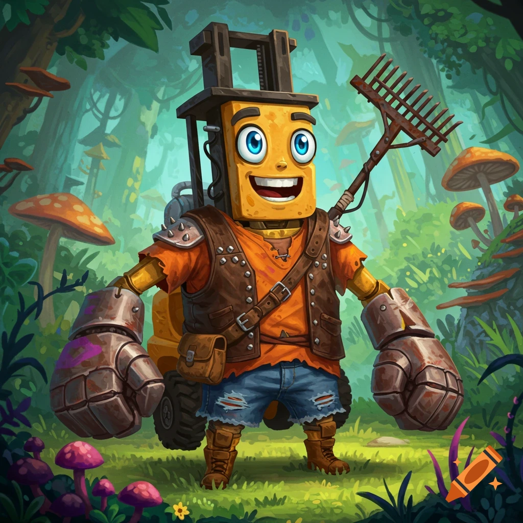Cartoon illustration of a forklift character with large metal fists and a rake in a forest.